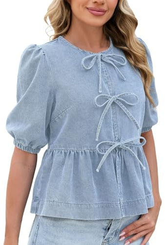 Dam puff kortärmad denim toppar fluga denim peplum topp jeans blus | Ruffle Hem Chambray skjorta, sommar jeansskjorta, denim magtoppar för semester