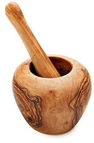 NATUREHOME Design Mörser + Stößel Olivenholz Küchenmörser Holzmörser mediterran Gewürzmörser 14cm
