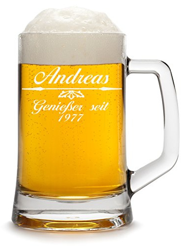 Bierkrug Personalisiert mit Gravur eines Namens und Jahreszahl - Bierseidel Geschenk zum Geburtstag - Motiv Pfeil mit Ornament 0,3l