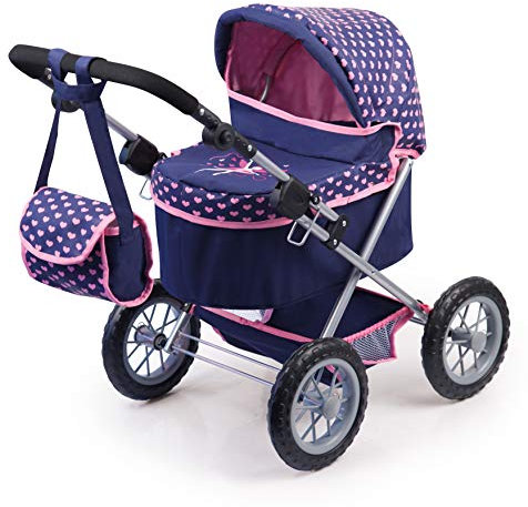 Bayer Design 13052AA Puppenwagen Trendy mit Tasche, höhenverstellbarer Griff, große Räder, integrierter Korb, faltbar, Dunkelblau