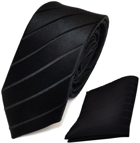 TigerTie schmale Designer Seidenkrawatte + Einstecktuch in schwarz gestreift - Krawatte