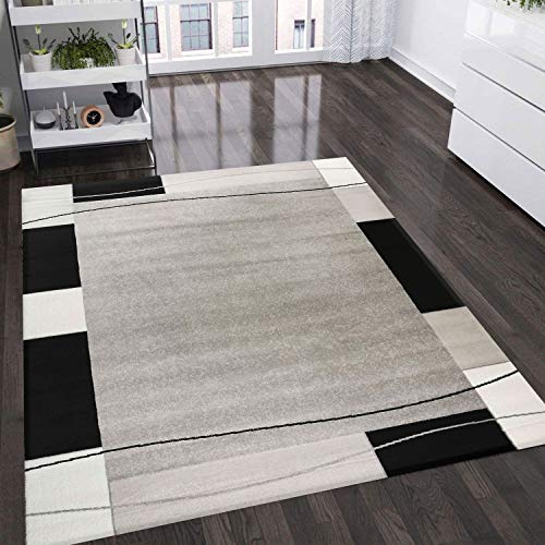 VIMODA Teppich kurzflor Modern Retro Stil mit Bordüre Grau Schwarz Weiß für Wohnzimmer, Schlafzimmer, kinderzimmer, Maße:80x300 cm