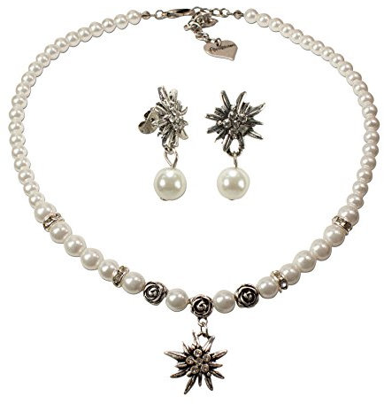 Alpenflüstern Trachtenschmuck-Set Perlen-Trachtenkette und Perlen-Ohrstecker Strass-Edelweiß - Damen-Trachten-Schmuck, Trachtenset Dirndl-Kette und Trachten-Ohrringe Creme-weiß SET013