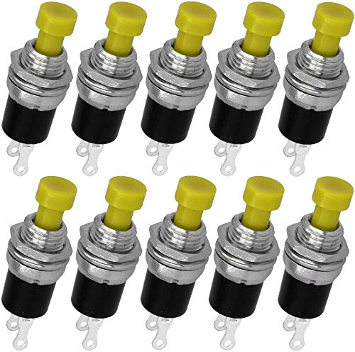WITTKOWARE Miniatur-Drucktaster, Einbau-Ø 7mm, AUS-(EIN), 1 Schließer-Schaltkontakt, 0,5A/250V~ (10 Stück, Tastenfarbe gelb)