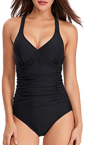 F FLYRONG Swimming Costume Women Ruched Tummy Control Swimwear V Neck One Piece Cross Strap Swimsuit