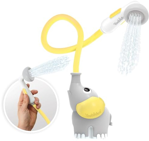 Yookidoo Baby Bath Shower Head - Elephant Water Pump and Trunk Spout Sprayer and Rinser-Control Water Flow from 2 Knobs Baby Bath Time Essentials for Newborn Babies in Tub Or Sink (Yellow)