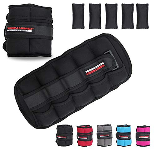 TrainHard 1 kg - 2.5 kg Verstellbare Gewichtsmanschetten mit 5 trennbare Gewichtstaschen für Hand- und Fußgelenke 2er Set - in 4 Varianten Gewichts and 5 Farben Laufgewichte (2.5 KG - Schwarz)
