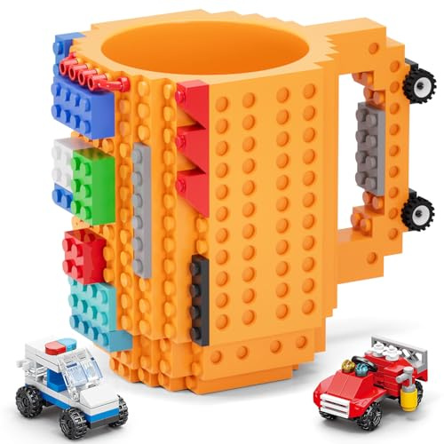 DAYMOO Build on Brick Mug, Vasos Plástico Niños Personalizados, Tazas Desayuno, Taza de Café Divertida y Cool para Hombres, Adultos y Mujeres, Navidad, Amarillo, Regalo de Cumpleaños,Naranja
