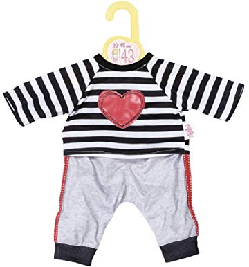Dolly Moda Sport Outfit gestreift, schwarz weiß gestreifter Pullover mit Herz Aufdruck und grauer Puppenhose für 39-46 cm große Puppen, 871249 Zapf Creation