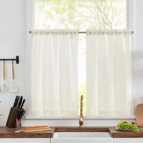 TOPICK Scheibengardinen Küche Weiß Leinen Bistrogardine mit Tunnelzug Küchengardinen für Balkontür Wohnwagen Landhausstil Bauernhaus Gardinen Kurz Halbtransparente 2er Set 65Bx115Hcm