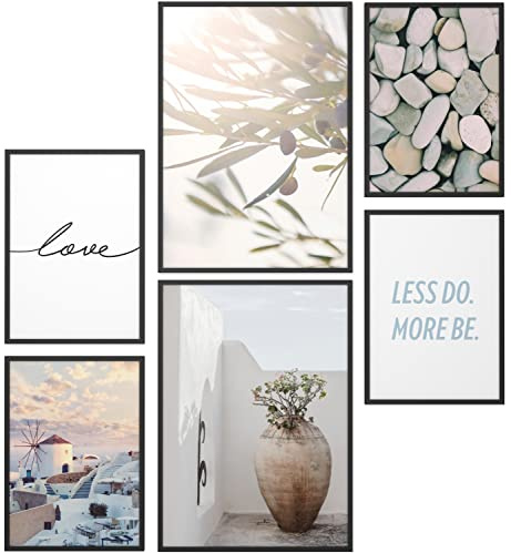 Papierschmiede® Mood Poster Set Greek Love, Gerahmte Bilder (Rahmen: Material und Farbe wählbar), Wohnzimmer Deko Schlafzimmer, 2x DIN A4 und 4x DIN A5, Griechenland Oliven Liebe Blau