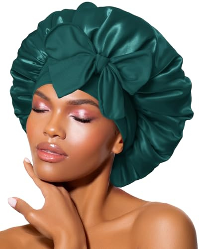 BONNET QUEEN Satin Sovhuvor för Damer Silkesmössa för Sovande Kvinnor, Satin Sovmössa med Justerbart Huvudband för Lockigt, Mörkgrön