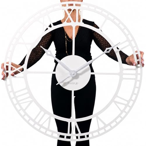 FLEXISTYLE XXL Wanduhr groß 80 cm Weiß Metall – Große Vintage Loft Wanduhr – Geräuschloses Uhrwerk – Moderne Industrial Wohnzimmer Deko