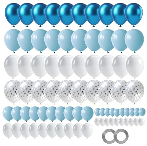 GUO-YING 80 Stück Macaron Blau Weiß Silber Konfetti Metallic Blau Ballons, Latexballon für Party Geburtstag, Baby Shower, Baby Geburtstag Party Hintergr Deko Hochzeit Birthday (Silver)