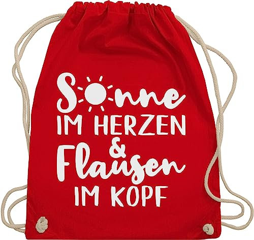 Turnbeutel Rucksack - Sprüche Statement mit Spruch - Sonne im Herzen und Flausen im Kopf - Unisize - Rot - beutel+rucksack+mit+sprüchen sprueche beutel sprüchen spruechen stoffrucksack bedruckt