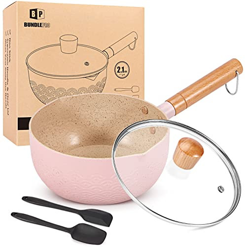Sartén con tapa, olla pequeña antiadherente de 2.1 cuartos de galón, olla de cocina de aluminio compatible con inducción con espátula de silicona para leche, sopa, pasta, huevo, arroz (rosa)