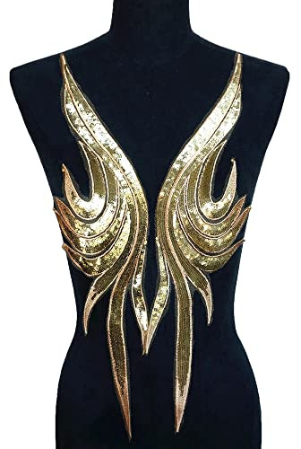Yulakes Gold Stickerei Spitze Applikation Patch Gold Pailletten Spitze Ausschnitt Kragen Hochzeit edles Kleid Nähen DIY Brautkleid Dekoration Kleidung Zubehör (1 Stück)