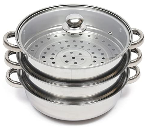 3 Tier Steamer Set Stainless Steel Cooker with Glass Lid Induction Safe 28cm Food Steam Pots Veg Pan Dishwasher-Safe (Typ A)