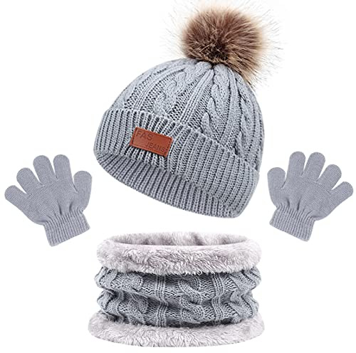 3in1 Winter Beanie Hut, Schal, Handschuhe Set,Kinder Wintermütze Schal Handschuhe Mädchen Set, Baby Mütze Warme Winter Beanie Hut Jungen Handschuhe Runder Schal Set für Kinder 1-5 Jahre Alt (Grau)