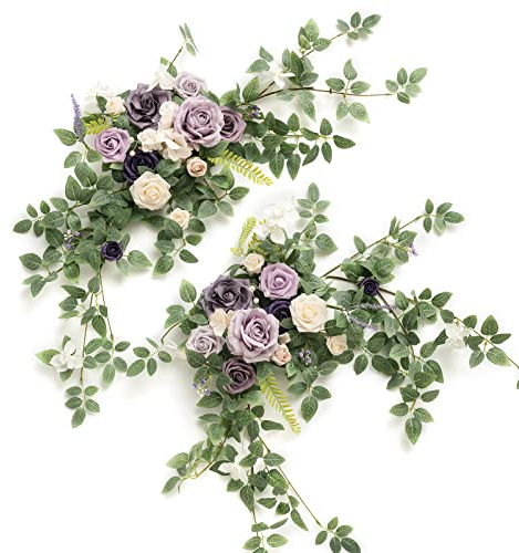Ling's moment 2PCS Artificial Floral Swags Centerpieces Wedding Flower Purple Rose Garland Greenery Arrangements for Sweetheart Head Table Decor Car Wall Window Arch Garden Decor Lilac & Gold | Lilac Floral Swag, Flower Vines, Rose, Welcome Signs, Centerpieces, Sweetheart Table, Mantel, Cake Decor
