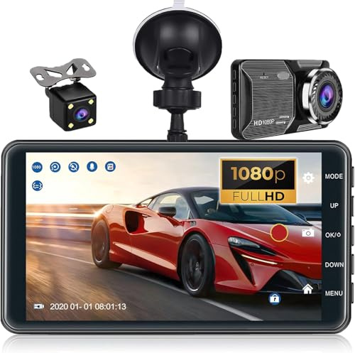 CAMECHO Dash Cam Front and Rear Camera FHD 1080P 4 Inch Touch Screen Dual Camera Dash Cams DVR Car Driving Recorder 150°Wide Angle Dashboard Camera Night Vision Loop Recording