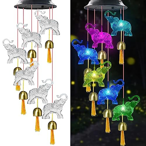 HeiPen Elephant Gifts for Mom Woman, Solar Wind Chimes for Garden, Hanging Solar Lights for Patio, Yard, Garden Decor Valentines day