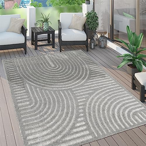 Paco Home Outdoor Teppich wetterfest & langlebig Moderne Boho-Designs mit 3D-Effekt Skandi-Look UV-beständig & robust für Balkon, Garten, Wohnzimmer & Küche, Grösse:60x100 cm, Farbe:Grau 4