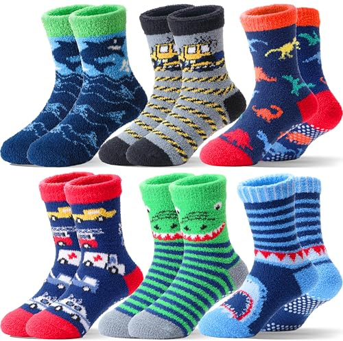 Welwoos Kids Boys Toddlers Fuzzy Slipper Socks with Grips Non Slip Warm Fluffy Winter Thick Fun Cozy Crew Hospital Gripper Socks 6 Pairs Gifts Stocking Stuffers (Animal & Cars,1-3 Years)
