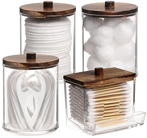 Tbestmax 4 Pack Qtip Holder Bathroom Container, 10/7oz Cotton Ball/Swabs Dispenser, Apothecary Jar with Bamboo Lids for Organizer and Storage (Brown)