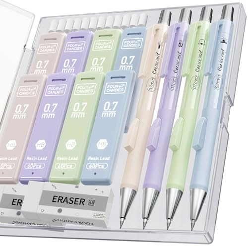 Four Candies Pastell-Druckbleistift-Set mit Etui, 4x 0,7 mm Schnellklick Minenbleistifte, 480 HB Bleistiftminen, 2 Radiergummis und 12 Ersatzradiergummis für Kinder zum Zeichnen