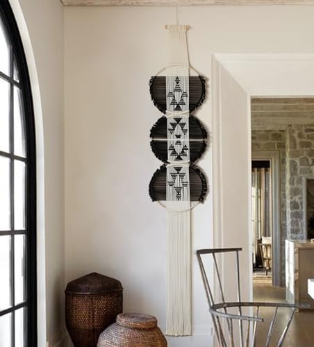 Flber makramé vägghängande svart väggdekor boho makramé väggkonst rund handgjord geometriska linjer heminredning