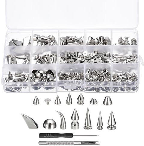 QUARKZMAN 150 Sets Kegelstifte Nieten, 13 Größen Nieten und Spike Leder Nieten Set mit Installationswerkzeugen für Lederhandwerk, Kleidung, Schuhe, Gürtel, Taschen, Weiß