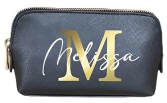 AWASG Kosmetiktasche Buchstabe Monogramm - Personalisiert mit Name - Schminktasche Beauty Bag für Make-up - Kunstleder M (18x11x4.5 cm) (schwarz)