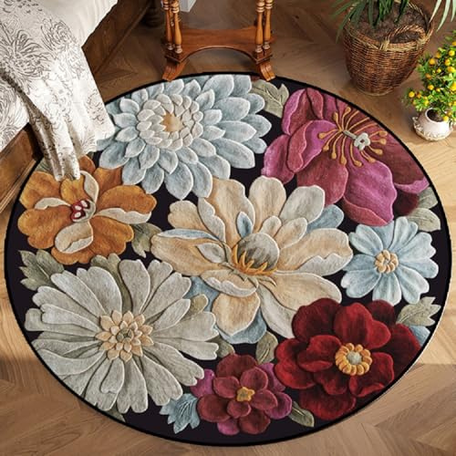 Sedefen Kurzflor Teppich Rund 120 cm Bunt Blumen Muster Terrassen Teppich Dekorative Wohnzimmer Schlafzimmer Vintage Teppich Läufer Indische Boho,Anti-Rutsch Unterseite,Felloptik