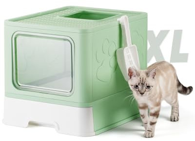 Qualasision Caja de arena plegable con tapa, caja de arena extragrande para gatos con cuchara, caja de arena cubierta para gatitos, entrada y salida bidireccionales, diseño de cajón, fácil de limpiar