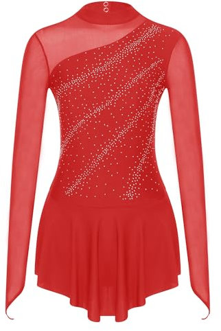 Agoky Damen Langarm Ballettkleid Tanzkleid Mesh Glitzer Eiskunstlauf Kleid Ballett Tanz Gymnastik Trikot Bodysuit Rot H M