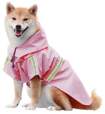 Regenmantel Hund mit Reflexstreifen, Verstellbarer Hunderegenmantel, Wasserdicht Hundemantel, Regenjacke Hund mit Kapuze für Kleine Mittelgroße und Große Hunde (Rosa, L)