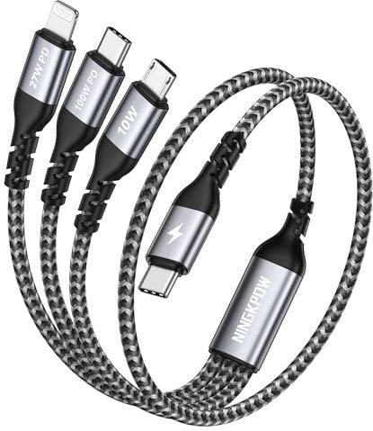 NINGKPOW 100W Câble Chargeur Multi Embout USB C [0.5M] Cable Multi USB vers USB C[100W]+Lightning[27W]+Micro[10W] pour iPhone 16/15/14, Galaxy S24/S23, Pad Pro/Mini, MacBook Pro/Air