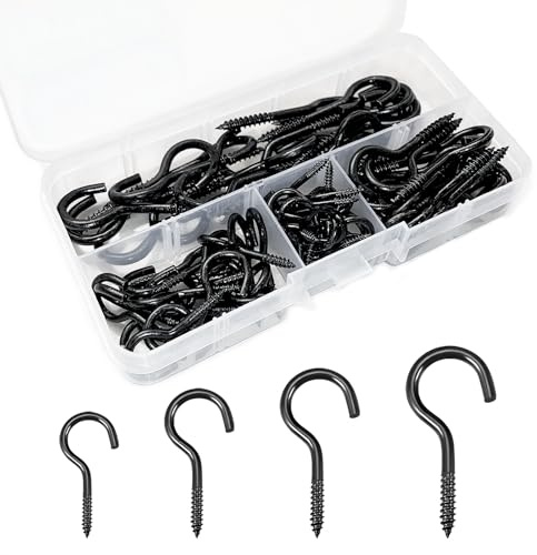 FINEASY 80 Pcs Screw in Hooks, Cup Hooks, Metal Ceiling Hooks with Plastic Case, Outdoor Hooks, Ceiling Hooks for Hanging Plants, Hanging Heavy Duty, Outdoor Indoor - 4 Sizes Black