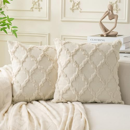 Cozoomy Set of 2 Soft Moroccan Throw Pillow Covers 18x18 Inch Plush Boho Decorative Pillow Cover Accent Cushion Case for Couch Sofa Bed, Beige