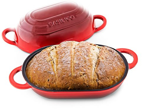Enameled Cast Iron Bread Oven (Red), Non-Stick Single Loaf Dutch Oven with Lid for Easy Homemade Sourdough