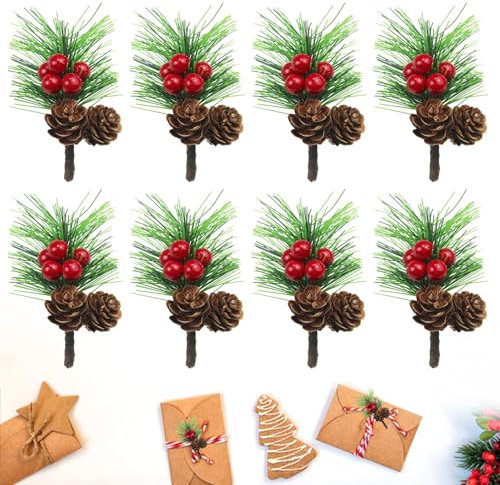 24 Pezzi Ramo Pino Artificiale con Pigne e Bacche Rosse Evergreen Pine Branches Decorazione Bacche Artificiali Natale per Composizione Floreale Fai Da Te Ghirlanda Natale Della Tavola Festa giardino