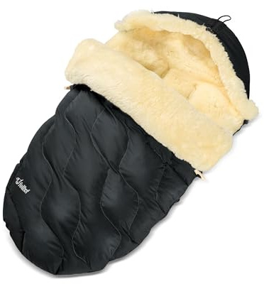 Fellhof Lammfell Fußsack Kinderwagen WINTERBERG, OEKO-TEX zertifiziert, 50x98 cm, wind- und wasserdicht, Allroundmodell, mit stufenlos verstellbaren Gurtschlitzen, waschbar bis 30°C schwarz
