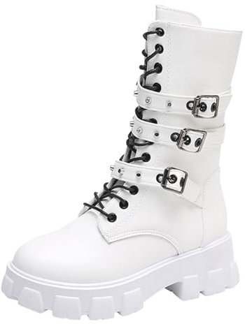liaddkv Damen Stiefel Gothic Punk Plateau, Schnürboots Mit Blockabsatz Profilsohle Motorrad Combat Stiefel Schnalle Springerstiefel Kurzschaft Chunky Schuhe Halbhohe Bike Boots Ritterstiefel