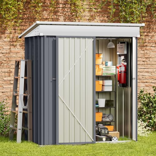 Amopatio Metal Garden Storage Shed 5x3 ft, Small Storage Shed 162x92x182 cm, Outdoor BikeShed Waterproof with Lockable Door for Winter, Backyard, Patio, Garbage Bin, Tools Grey