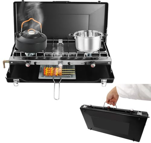 Réchaud à gaz pour camping, 3 brûleurs avec couvercle, 4500 W, propane à 37 mbar, butane à 28-30 mbar, pliable et portable, allumage piézoélectrique, pour camping, barbecues, fêtes