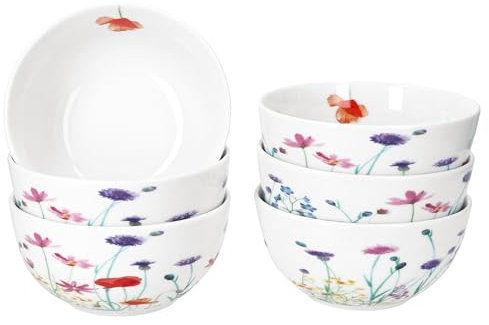 MamboCat Marie - Set di 6 ciotole per cereali, 14 cm, 400 ml, in porcellana con decorazione di prato floreale, per 6 persone, ciotole per insalata, zuppa, cereali, patatine e così via.