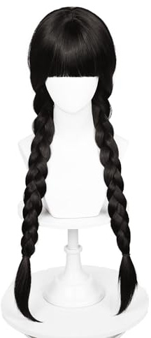 COSPLAZA Schwarze geflochtene Wednesday Mittwoch Perücke with Bangs lange geflochtene Perücken Braided Cosplay Halloween Kostüm Perücke