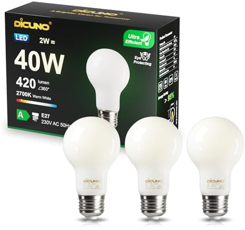 DiCUNO E27 Edison Screw Light Bulb, 2W (40W Equivalent), Glass Filament Bulb A60, Energy Efficient A Class LED, 2700K, 420LM, Non-dimmable, 3 Pcs