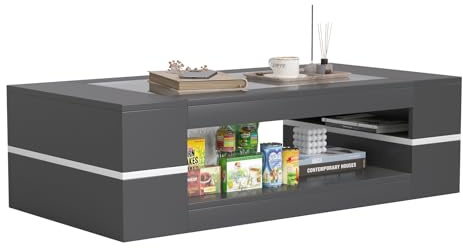 KEEPREAPER Couchtisch Glas schwarz, Wohnzimmertisch rechteckig mit stauraum modern für Wohnzimmer, 120x60x35cm